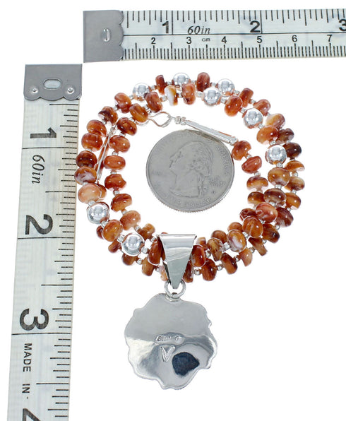 Oyster Shell Navajo Silver Bead Necklace Leaf Pendant Set X10257